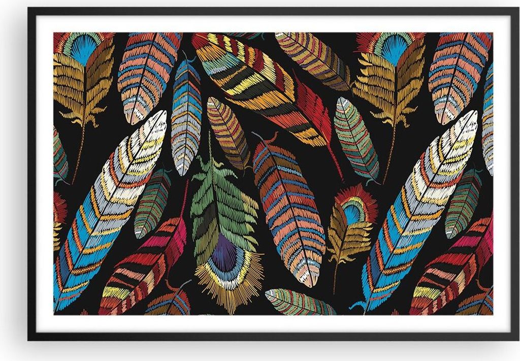 Gerahmtes Poster - Schwarzer Rahmen - Federn Bunt Stickerei - 91,5x61 cm - Wand Bild - Wanddeko - Wandbilder - Kunstposter - Wandposter - Bilderrah...