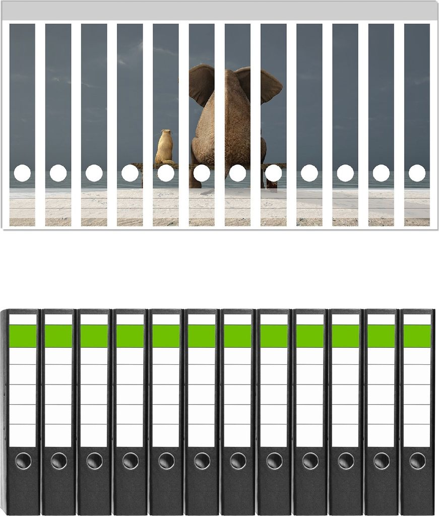 Wallario 12 Stück schmale Ordner inkl. Klebeetiketten mit Motive Elefant und Hund sitzen auf einer Bank - Set mit Rückenschildern / Ordnerrücken...