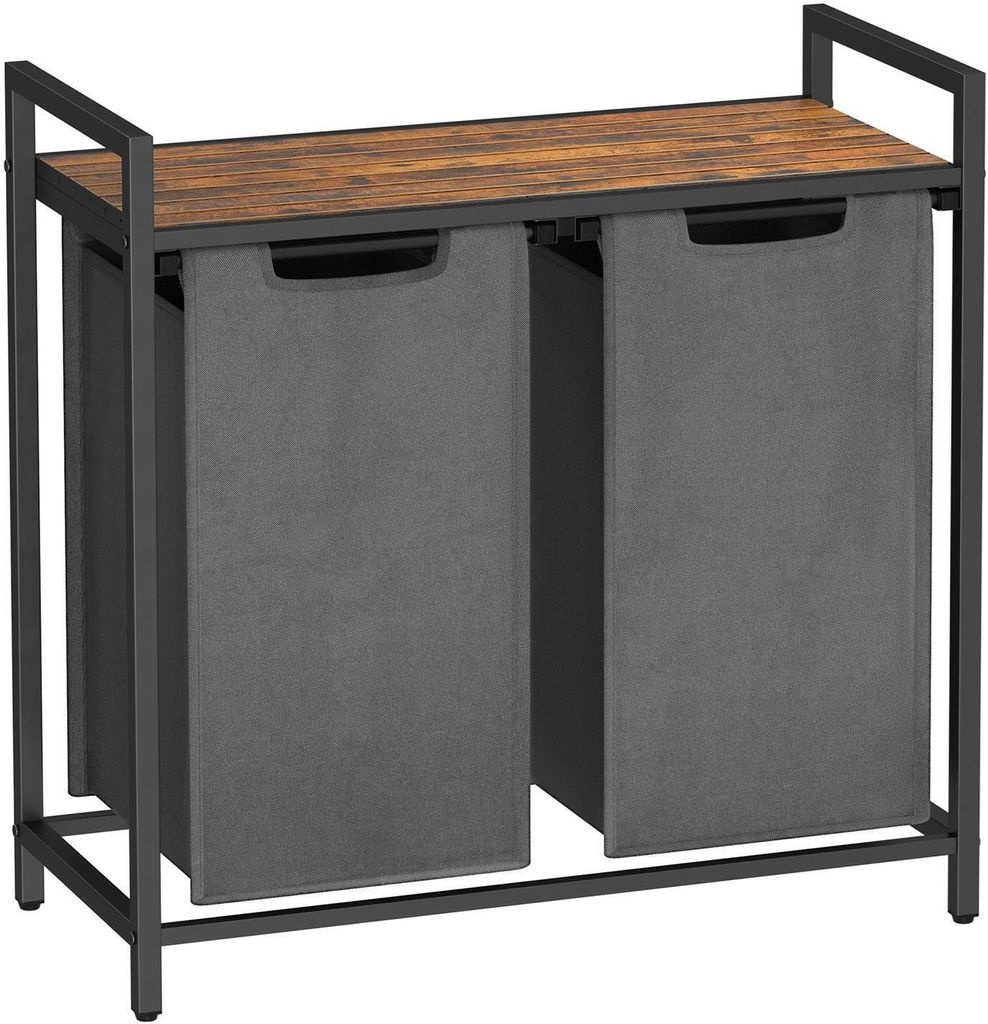 BEGRYF Wäschekorb 73x33x72 cm grau mit 2 Fächern und Ablagekorb Wäschesammler Badmöbel Metall Holzoptik