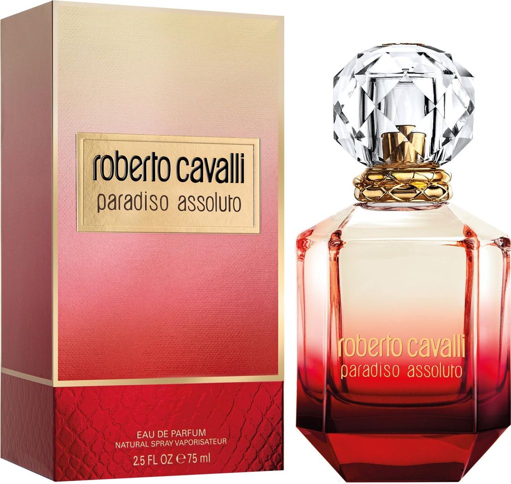 A perfume bottle and its packaging are displayed against a white background.