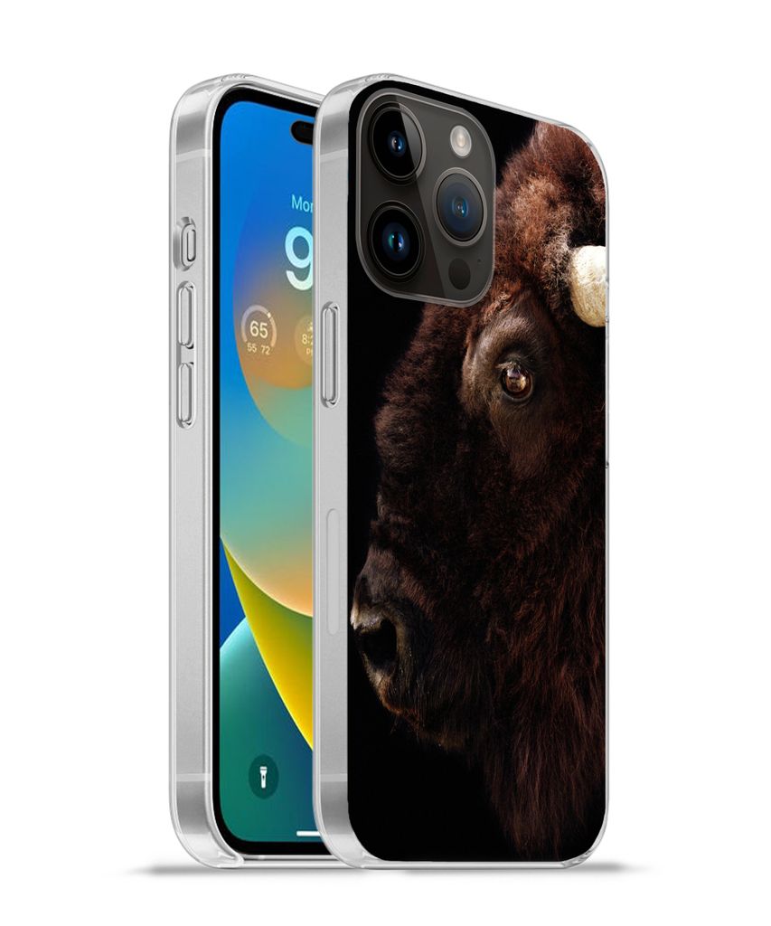 MuchoWow Handyhülle Schutzhülle Hülle für Apple iPhone 14 Pro Max Bison - Horn - Porträt Silikon Softcase Handy Hülle - Hardcover