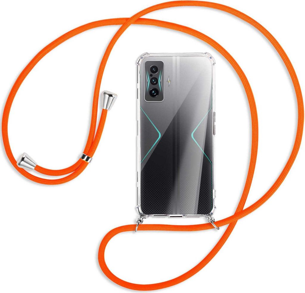 Handykette Backcover-Schutzhülle mit Band (Metall silberfarben) für Xiaomi Poco F4 GT - neonorange