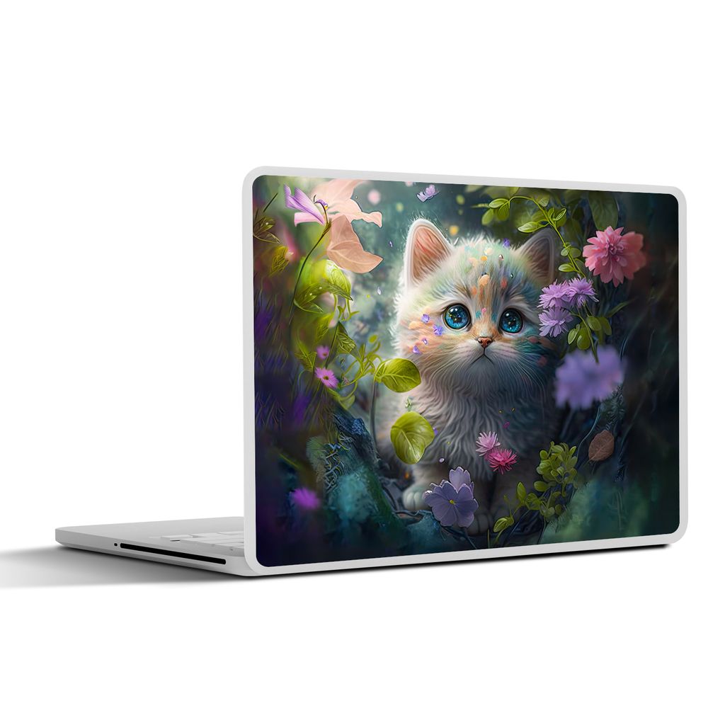 MuchoWow Laptop Aufkleber Sticker Cover Kätzchen - Blumen - Wald - Illustration - Katze 31x22.5 cm - Laptop-Deko
