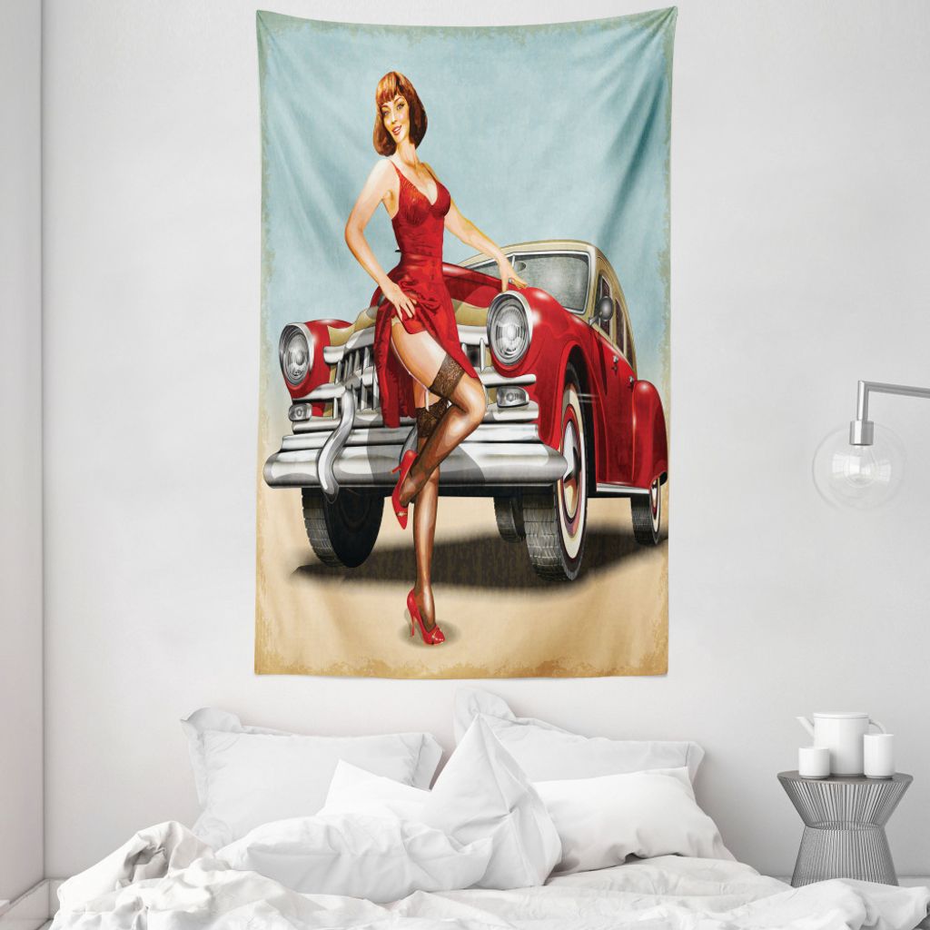 ABAKUHAUS Pin up Girl Wandteppich und Tagesdecke, Dutch Haircut Stil aus Weiches Mikrofaser Stoff Waschbar ohne Verblassen Digitaldruck, 140 x 230 ...