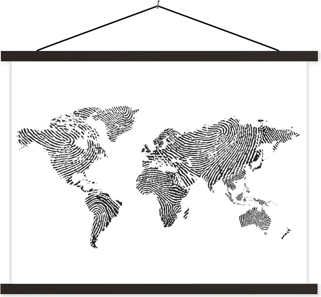 MuchoWow Textilposter Weltkarte - Fingerabdruck - Schwarz - Weiß 40x30 cm mit schwarzem Rahmen - Dekorationen