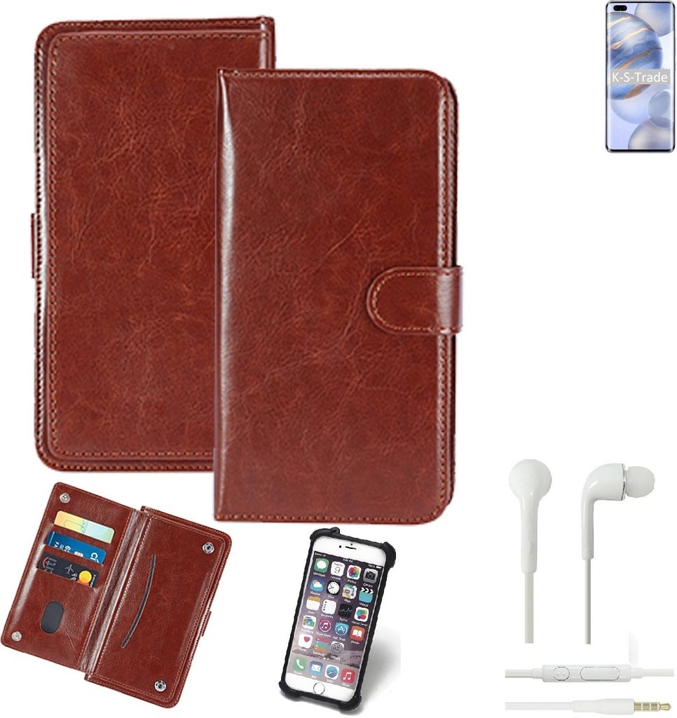 K-S-Trade 360° Hülle kompatibel mit Huawei Honor 30 Pro+ inkl. Headphones braun Kunstleder Case BookCase WalletCase Kunstlederederhülle