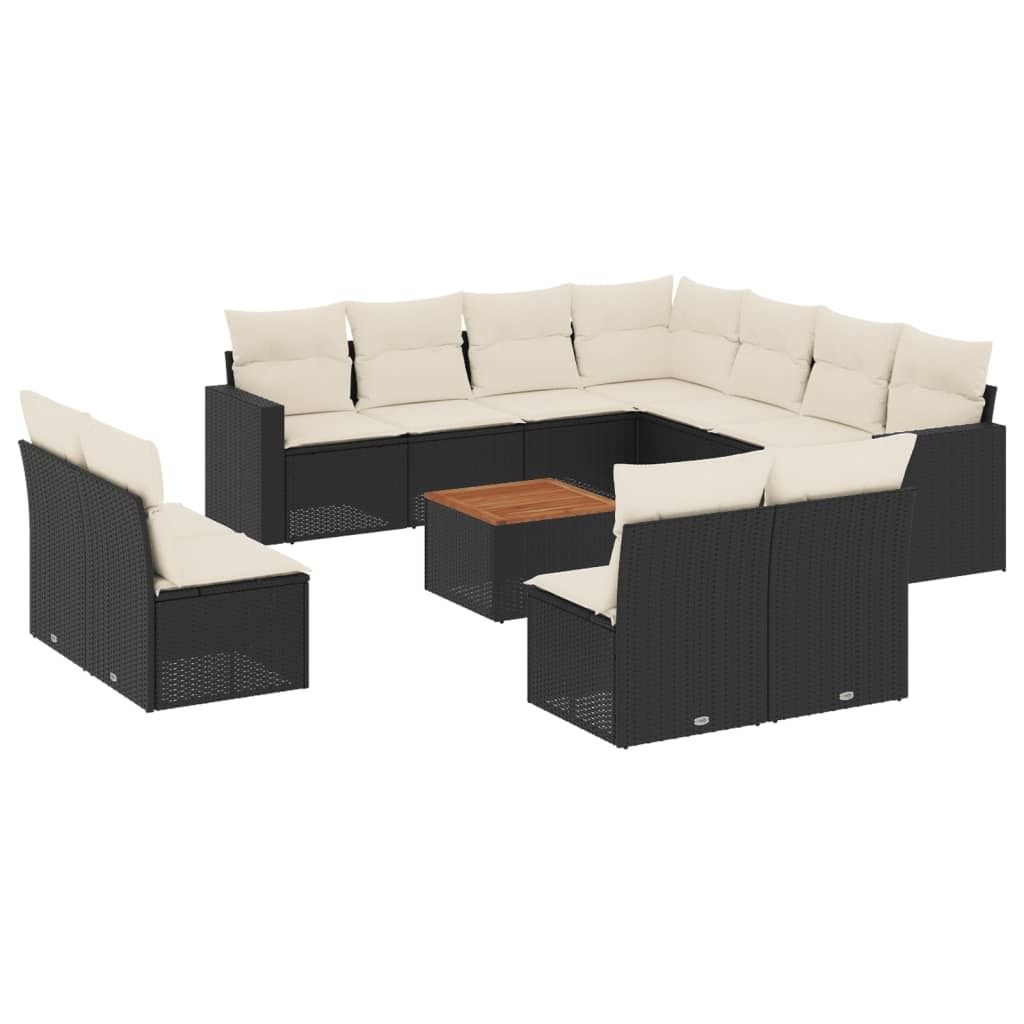 vidaXL 12-tlg. Garten-Sofagarnitur mit Kissen Schwarz Poly Rattan