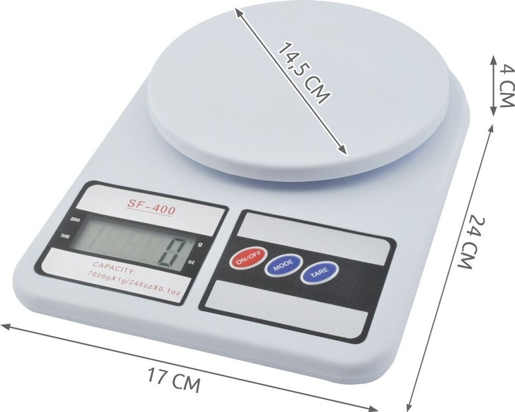 A white digital kitchen scale with dimensions indicated.