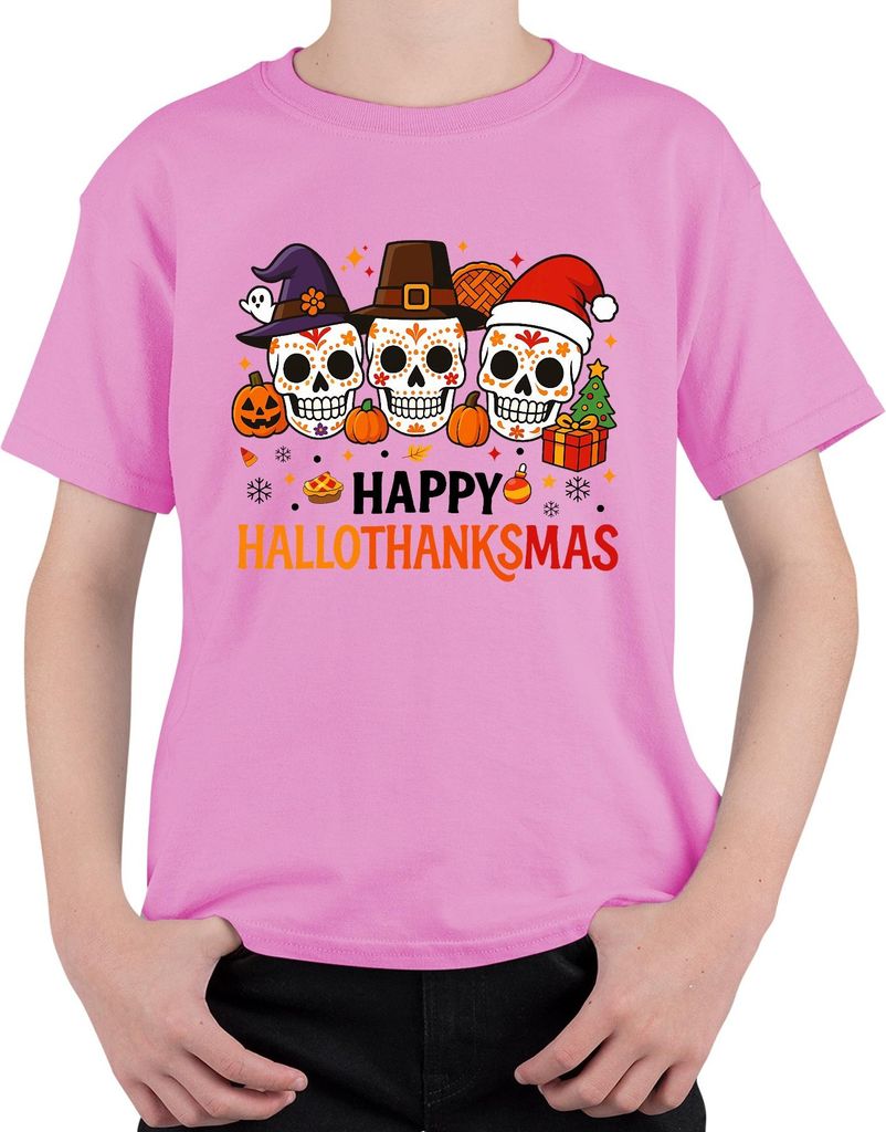 Happy Hallothanksmas Totenköpfe Dia de los Muertos Halloween Uni Kinder T-Shirt, Pink, 128