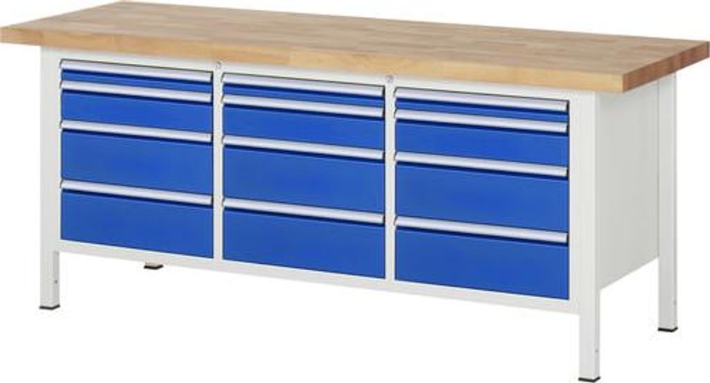 Werkbank mit 12 Schubladen - Vollauszug - 60:3 / 120:3 / 180:6 - 840 x 2.000 x 700 mm (HxBxT) - Traglast 1.250 kg - Buche