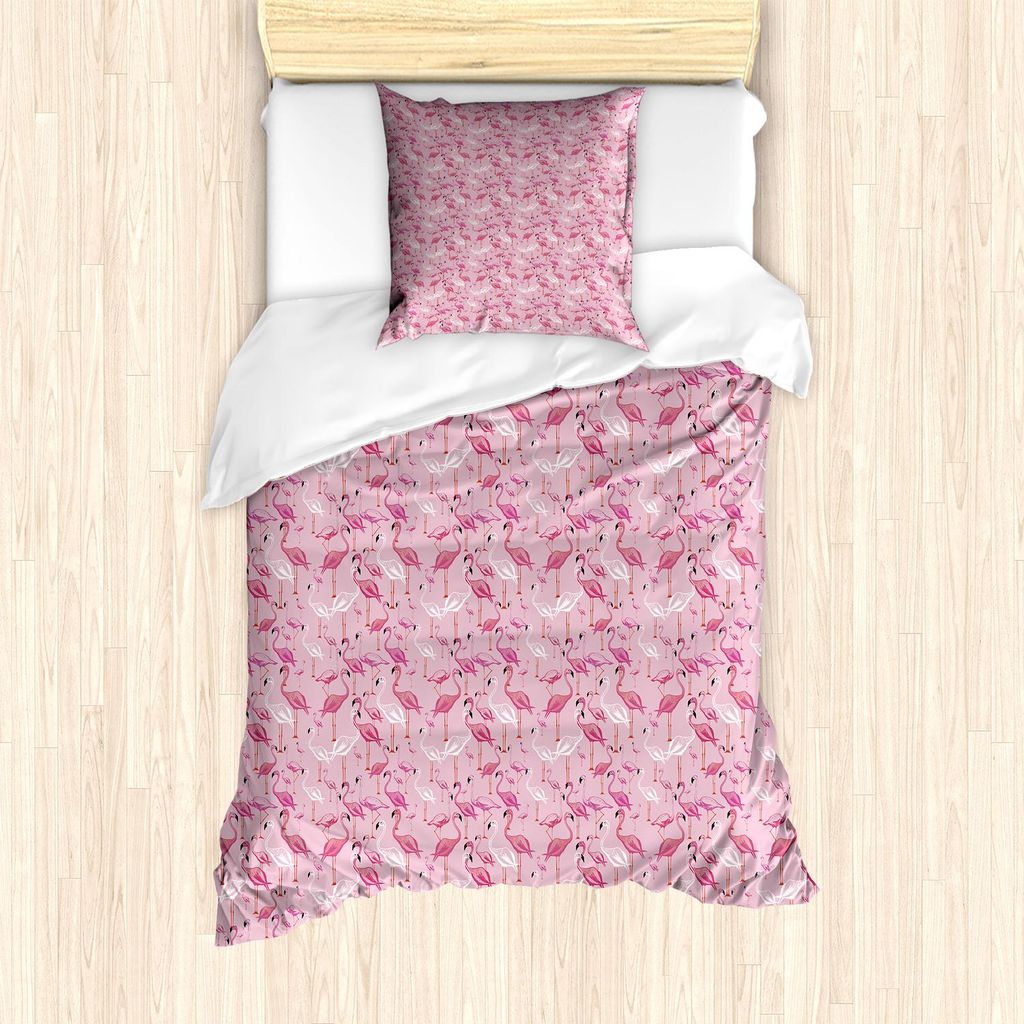 ABAKUHAUS Flamingo Bettbezug Set, Hand gezeichnete Tiere in Pinkish Töne Exotische Tiere Tropical Wild Birds, 135 x 200 cm + 80 x 80 cm, Rosa Blas...