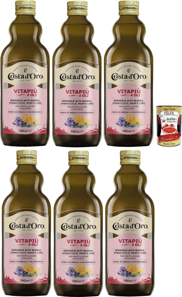 Costa d'Oro – Vitapiù 4 oli, 750 ml. Öl reich an Omega 3 und 6 und Vitamin E. 6x 75 cl. + Italian Gourmet polpa 400g