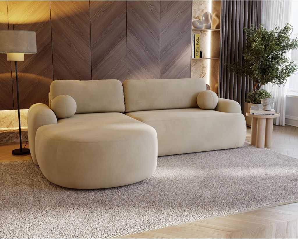 Ecksofa CLOUD L mit Schlaffunktion Eckcouch L-Form Samt modernes Sofa fürs Wohnzimmer, Farbe: Beige (monolith 04), Seite: links