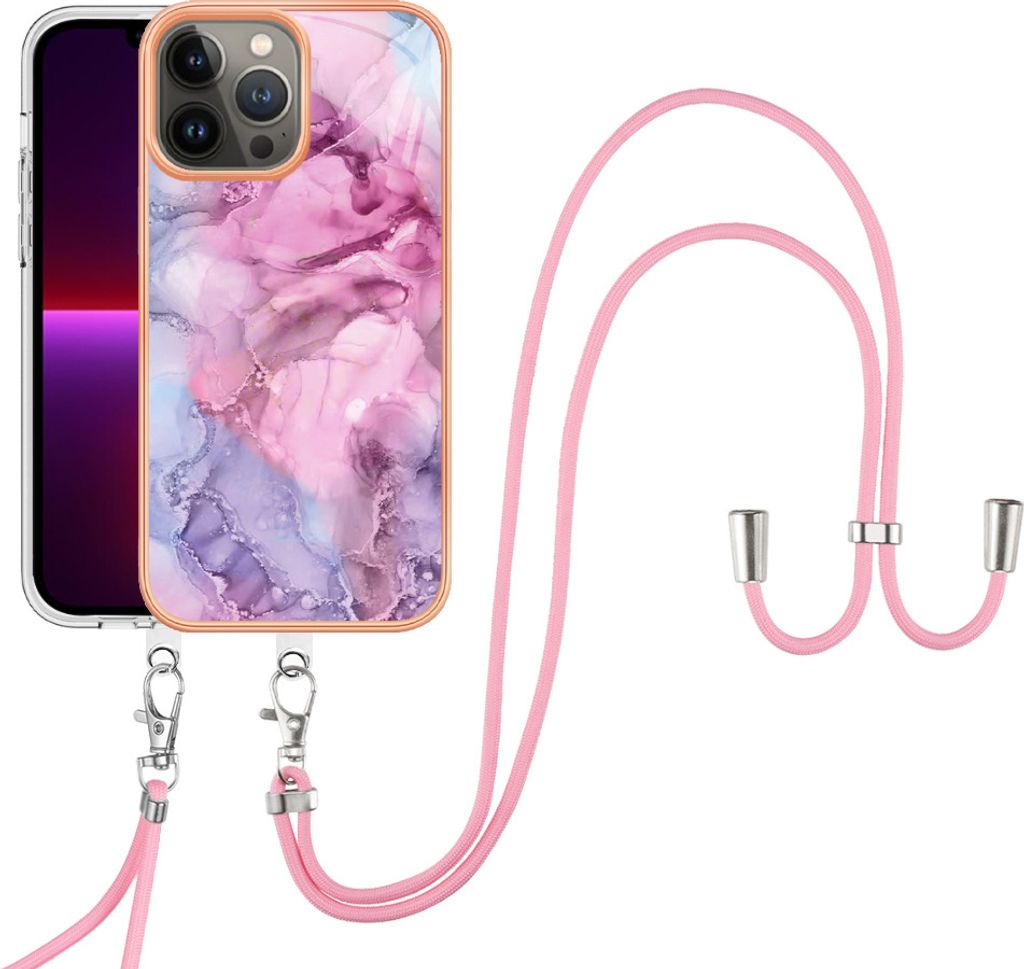 iPhone 13 Pro Max Handykette Hülle, Muster TPU Bumper Schutzhülle mit verstellbarem Tragegurt für iPhone 13 Pro Max Pink