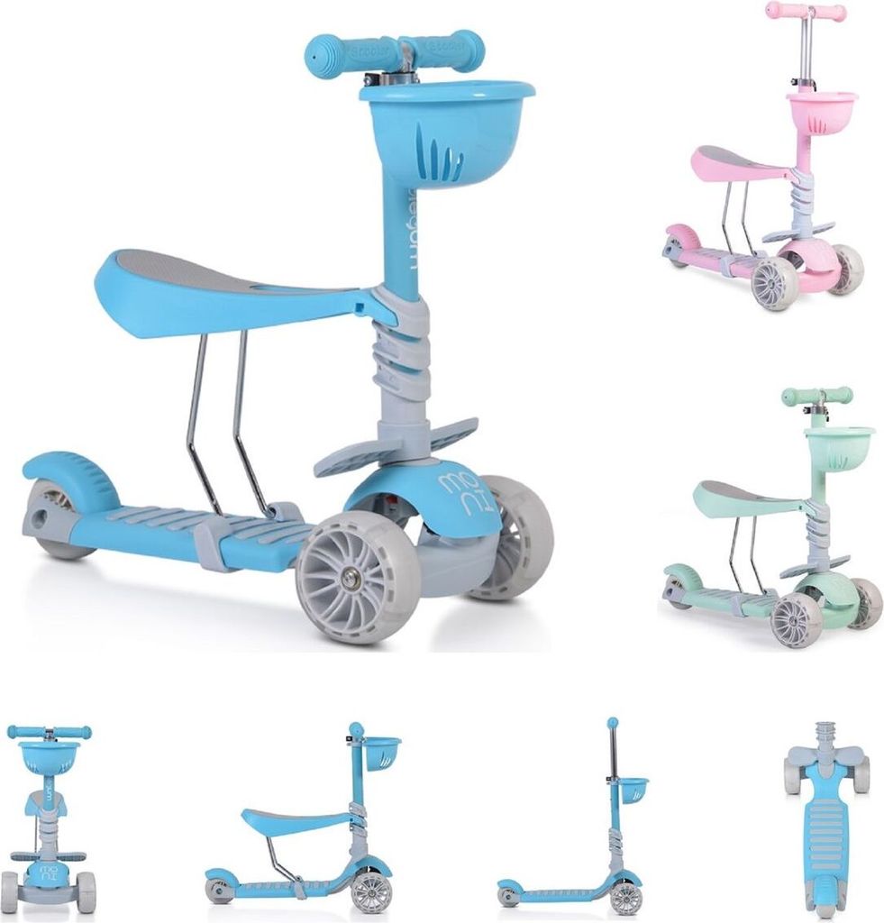 Moni Kinderroller Bubblegum 2 in 1, Höhe einstellbar, Sitz abnehmbar, 3 Räder blau