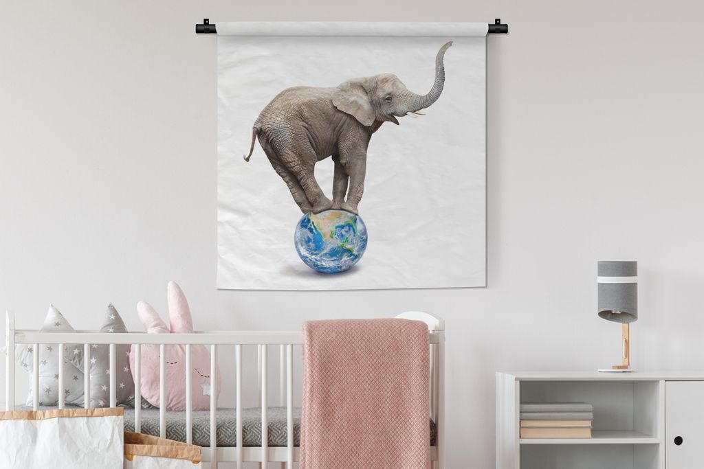 MuchoWow Wandteppich Wandbehang Elefant - Globus - Weiß 90x90 cm Tapisserie Dekoration Wandtuch - Wandaufhänger