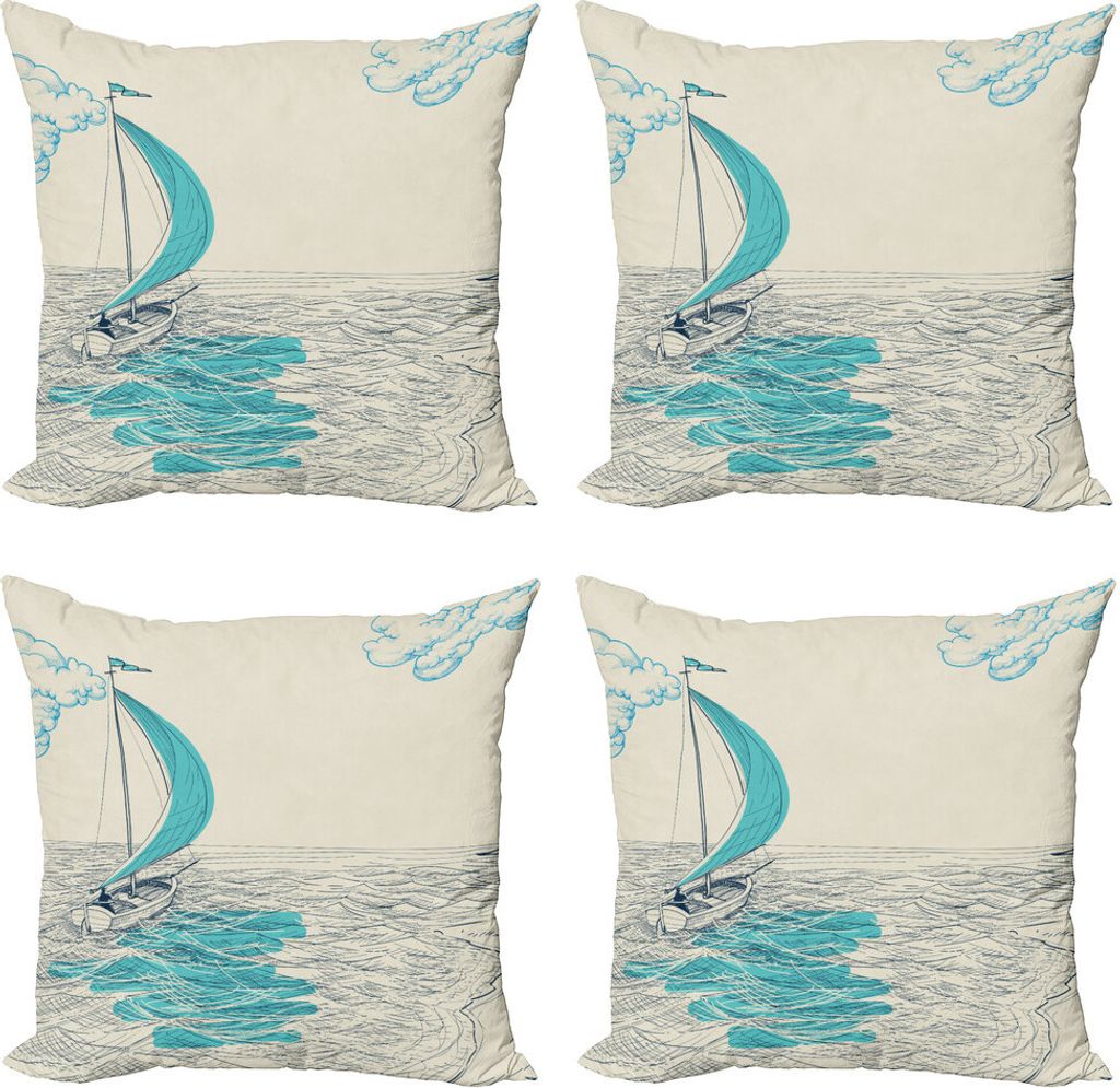 ABAKUHAUS Nautisch Kissenbezug Set (4 Stück), Bewölkt Segelboot, Moderner Doppelseitiger Digitaldruck, 60 cm x 60 cm, Aqua Beige