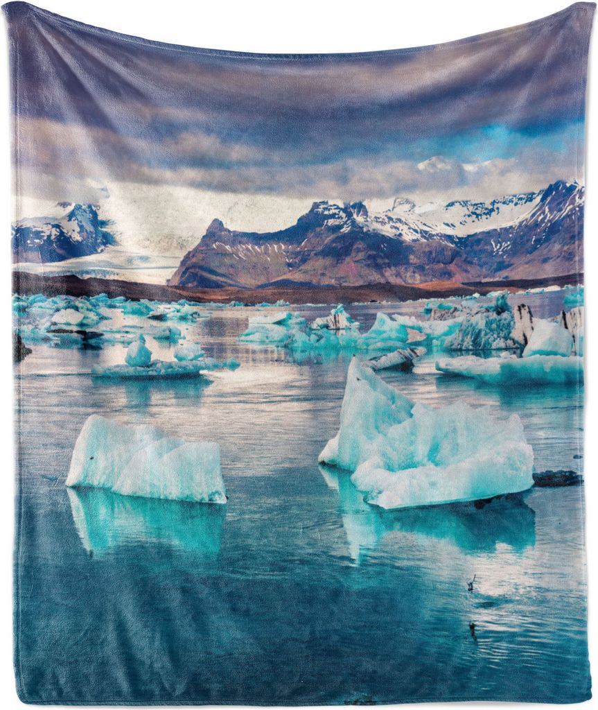 ABAKUHAUS Island Weich Flanell Fleece Decke, Schwimmdock Blaue Eisberge in Jokulsarlon Glacial Lagoon Bunte Sonnenuntergang in Vatnajökull, 175 x ...