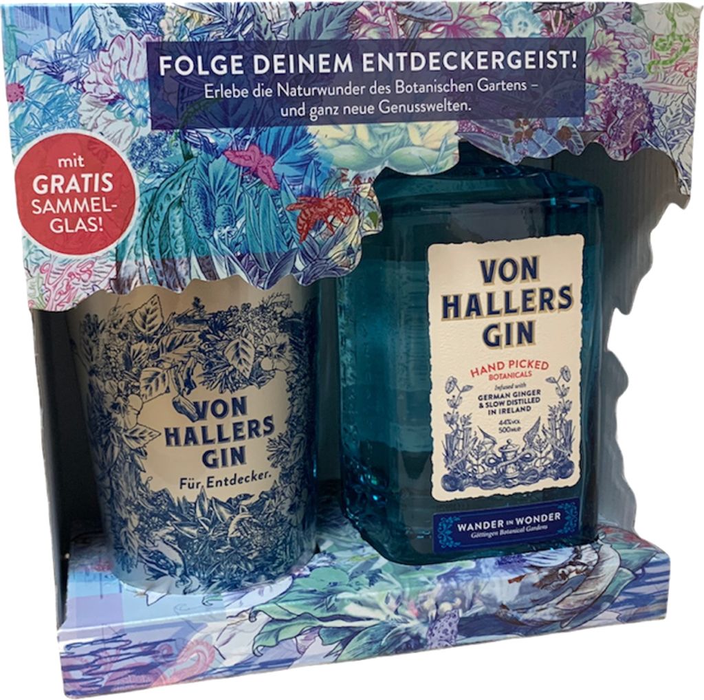 Von Hallers Gin Hand Picked Botanicals alk. 44,0 % vol 0,5L + Sammelglas für Entdecker "Silber"