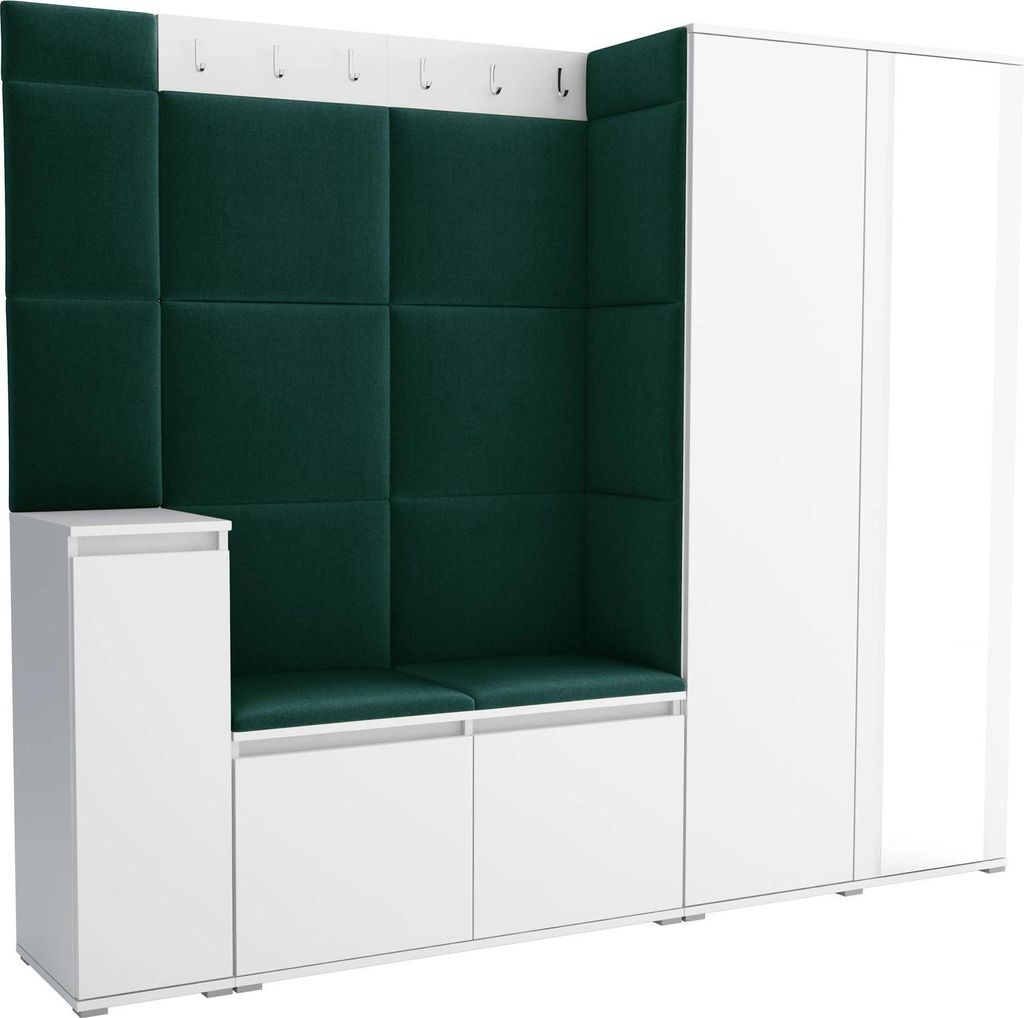 Garderoben-Set Noris VIII mit Spiegel, gepolsterte Garderobe 145 cm mit Schuhkommode, Wandpaneelen und Sitzbank (Farbe: Weiß + Trinity 28)