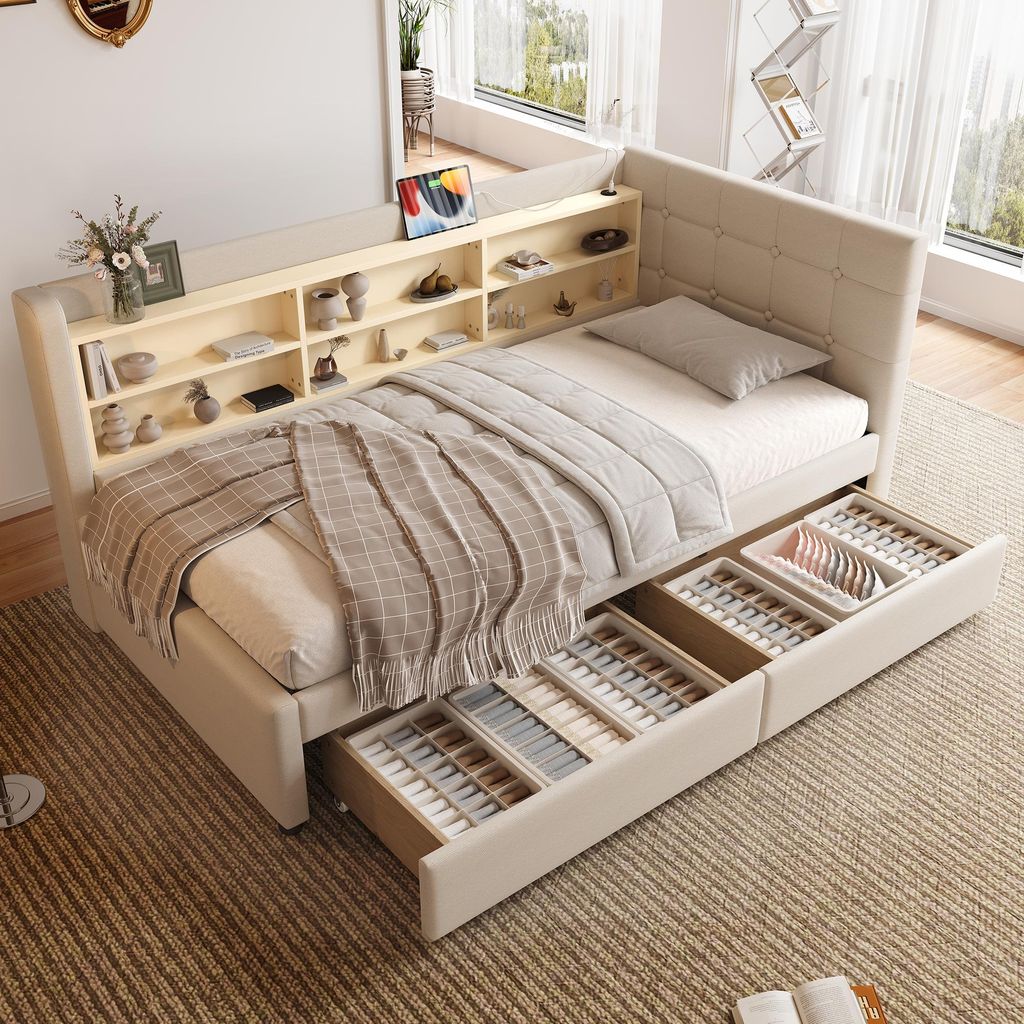 Flieks Polsterbett 90x200cm mit Schubladen, Tagesbett Daybett mit Usb und Type-c, Einzelbett Jugendbett Sofabett mit Ablagen, Leinen, Beige