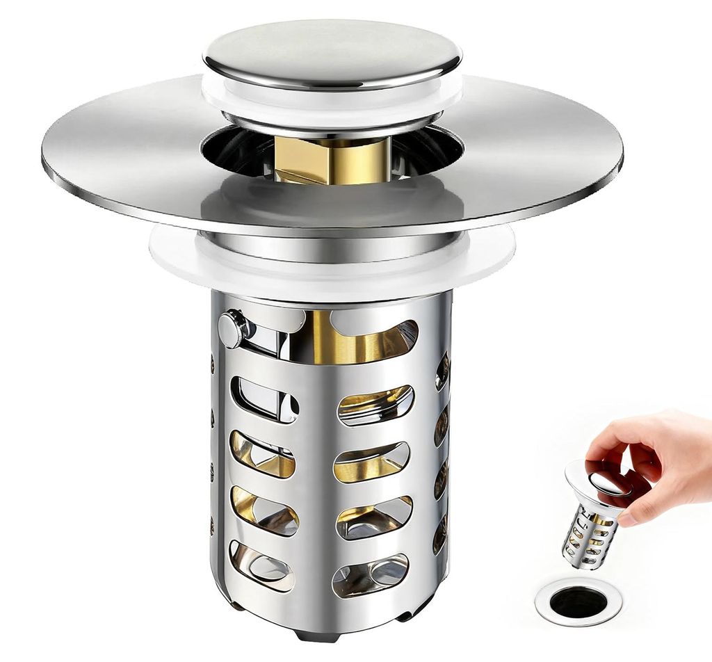 Universeller Pop-up-Abflussstopfen für Spülbecken, Edelstahl-Abflusssieb, Abflussstopfen mit Sieb für Spülbecken (28,5 mm bis 55 mm), Messingke...