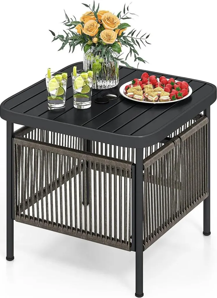 Table d'appoint d'extérieur en métal noir avec trou pour parasol - 45cm