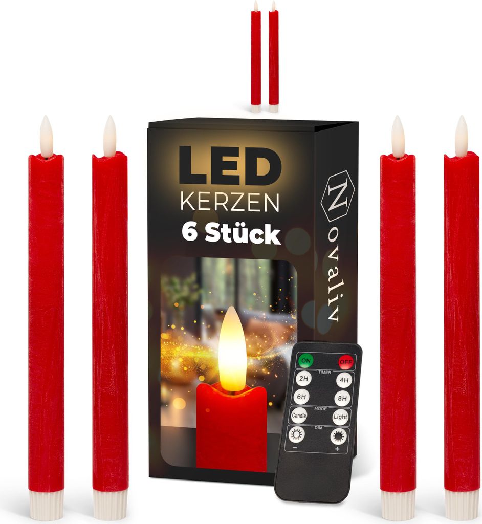 Stabkerzen LED mit Timer ROT 6 Stück indoor - 6 Stunden - ECHTWACHS 23cm Höhe für Kerzen 2,2cm Durchmesser 2 AAA Batterien notwendig LED Stabker...