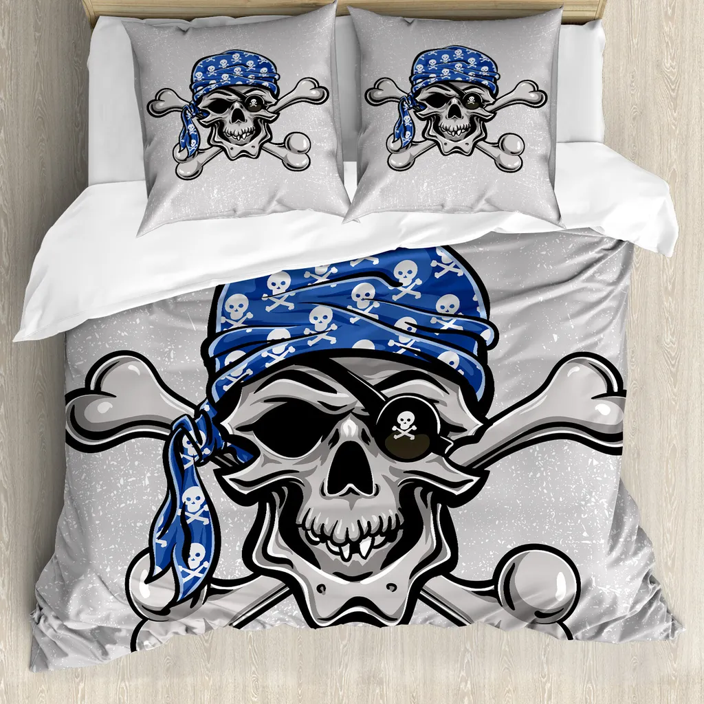 Parure de Lit 2 Personnes Imprimé Pirate Mauvaise Tête 200x200cm Noir