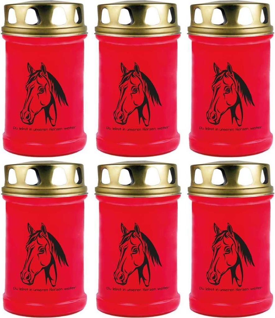 Grabkerze Rot 6er Pack, Brenndauer: 48 Stunden ( je Kerze ), Motiv: Pferdekopf 1