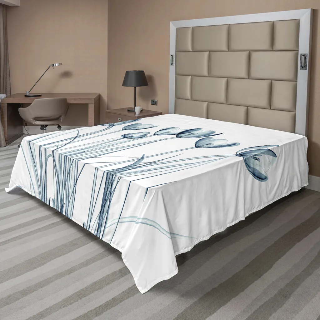 ABAKUHAUS Lenzuolo con fiori, immagine trasparente ai raggi X, tulipani con effetti solarizzati, visione naturale, lenzuolo morbido e confortevole per un letto decorativo, 1 pezzo, 244 cm x 205 cm, blu petrolio scuro e bianco. - 1