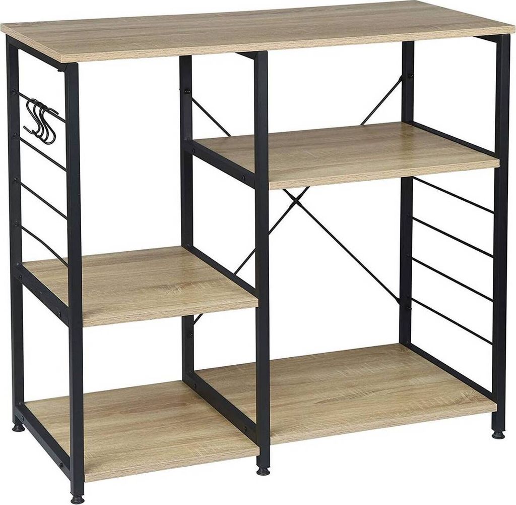 WOLTU Küchenregal Standregal Mikrowellenhalter Bäcker Regal Metallregal aus Holz und Stahl, mit 5 Ablagen, ca. 90 x 40 x 83,5 cm, Schwarz + Hell ...