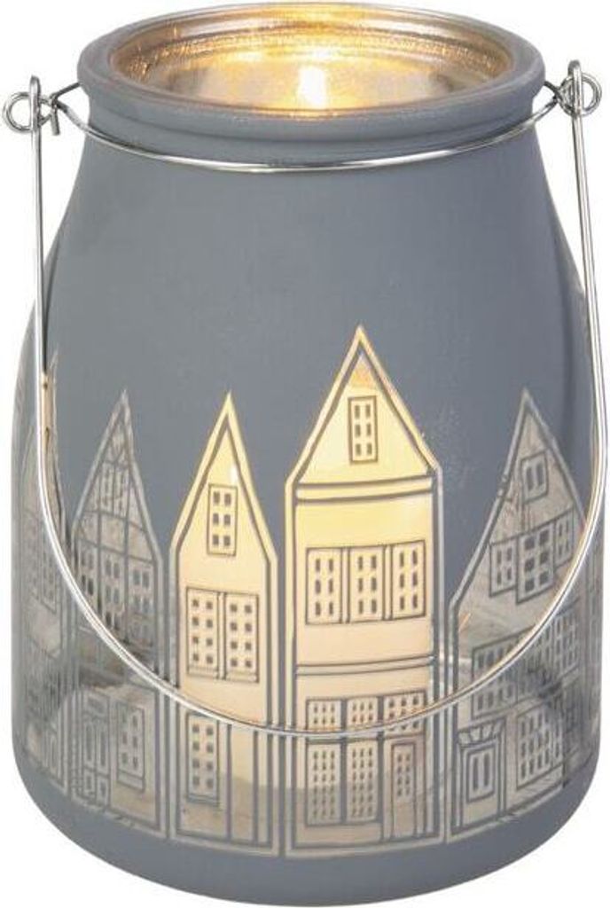 Windlicht - Laterne mit Henkel - Häuser - grau - ca. 13 x 15 cm