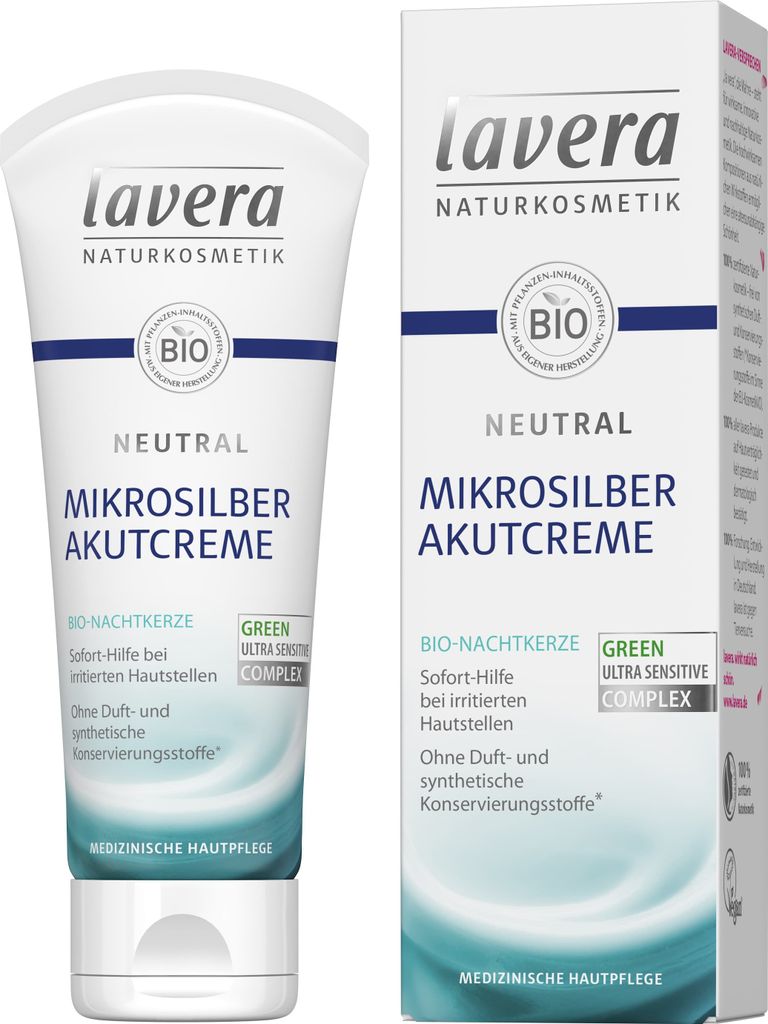 A product shot of Lavera Neutral Akutcreme with Mikrosilber, showing both the tube and its packaging.