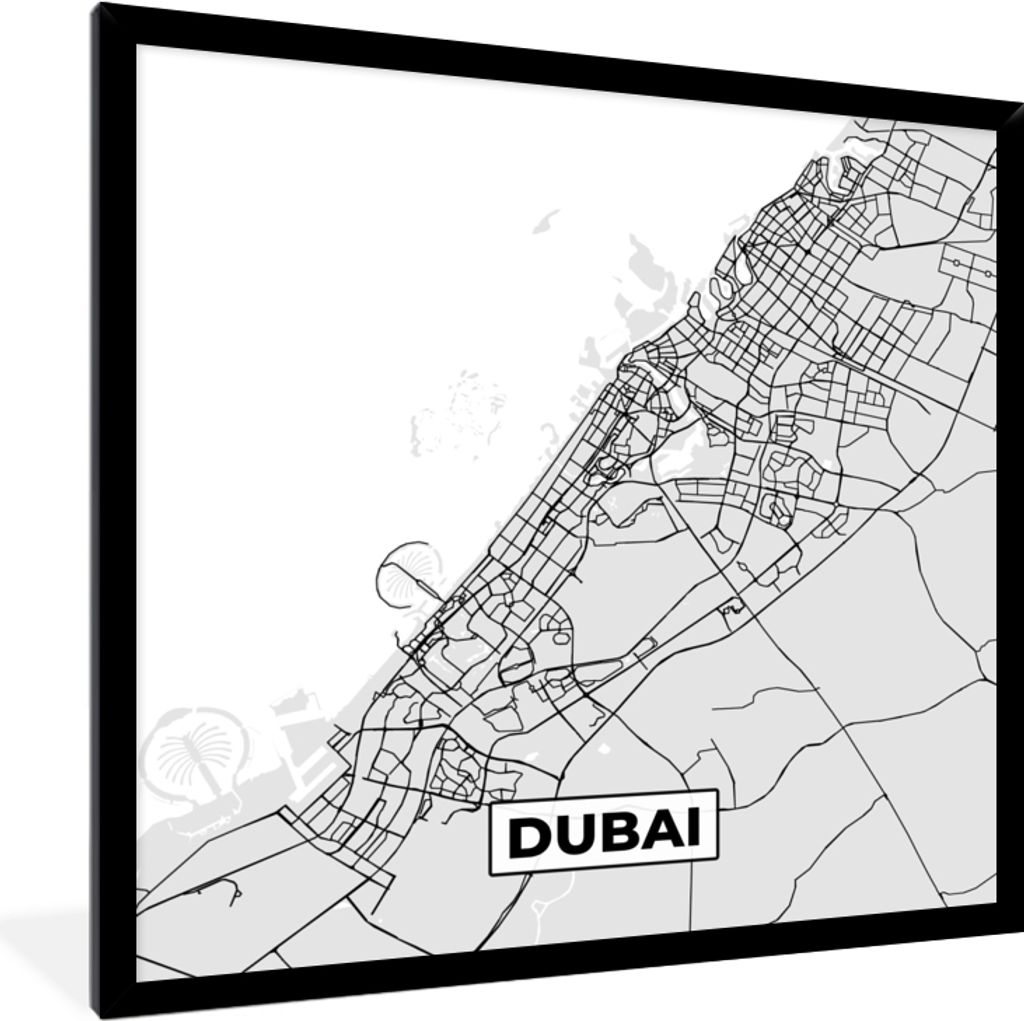 MuchoWow Gerahmtes Poster Dubai - Stadtplan - Schwarz und Weiß - Karte 40x40 cm - Poster mit Schwarzem Bilderrahmen Wandposter Rahmen Foto Bilde...
