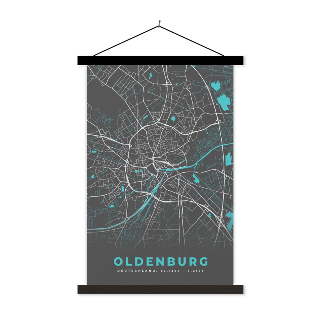 MuchoWow Textilposter Oldenburg - Stadtplan - Blau - Karte - Deutschland 40x60 cm mit schwarzem Rahmen - Wanddekorationen