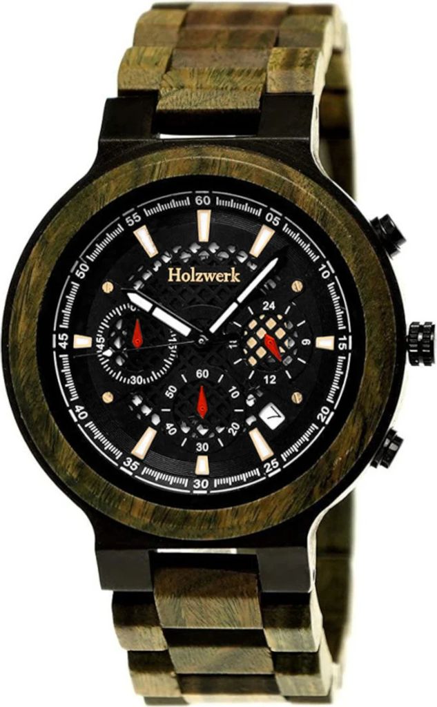 Holzwerk BALINGEN Herren Holz Uhr Chronograph mit Datum, oliv grün, schwarz