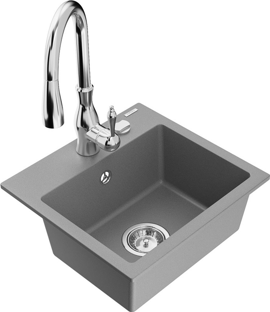 Mexen Milo 1-Becken-Granit-Spüle mit Mischbatterie Savita, Grau - 6505-71-672601-00