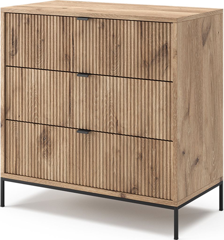 A wooden dresser with three drawers and black metal legs, shown against a white background.