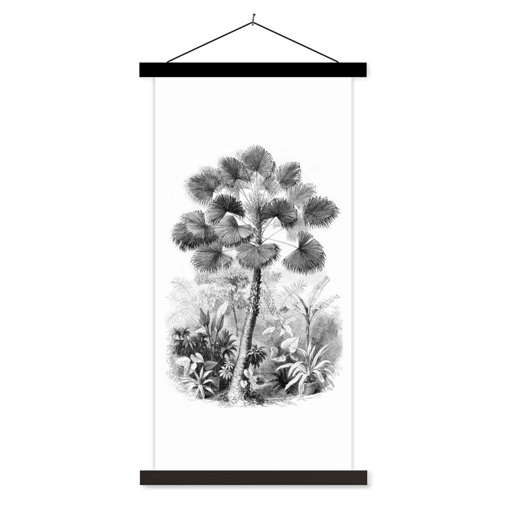 MuchoWow Textilposter Blätter - Schwarz und weiß - Design - Palme 40x80 cm mit schwarzem Rahmen - Wandemalerei