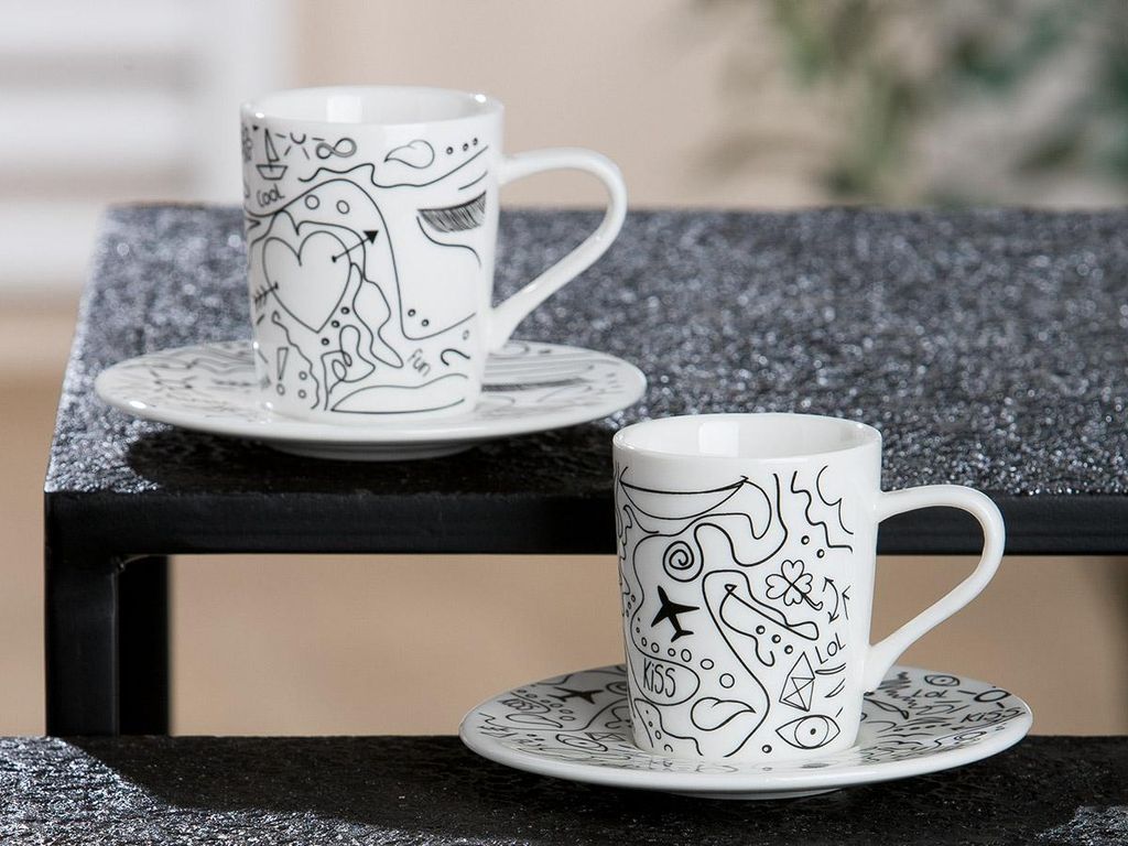 Gilde Espresso-Set, "Modern Art", Einliniendesign, Knochenporzellan, weiß, VE 4, L. 14,3 cm, B. 21,3 cm, H. 6 cm Höhe: 6.00 cm Breite: 21.30 cm T...
