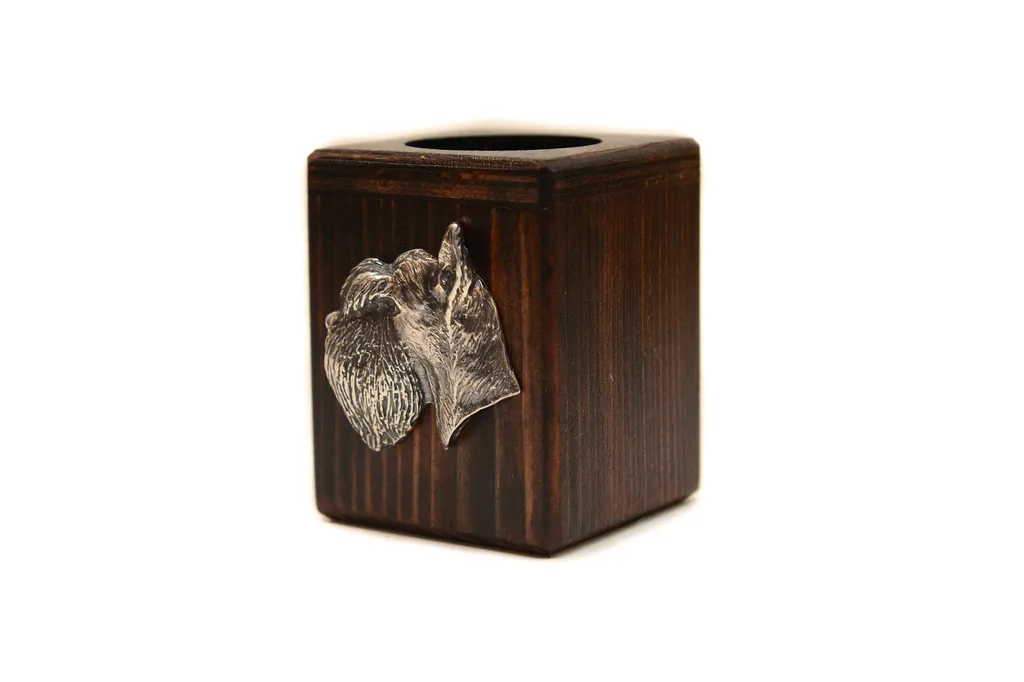 Schnauzer Knírač Portacandele Art-Dog: Statuetta Argentata e Legno - 2