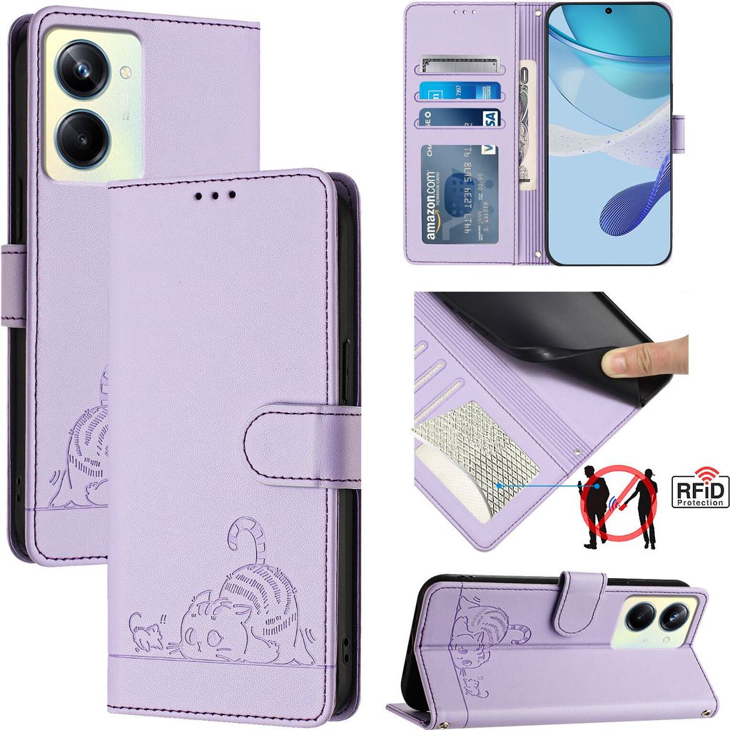 Leder Hülle für Realme 10 Pro 5G Süße Katze Flip Case Brieftasche Schutzhülle mit Standfunktion Lila