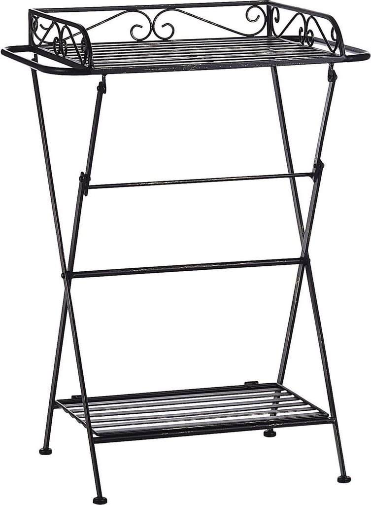 A black metal plant stand with two shelves.