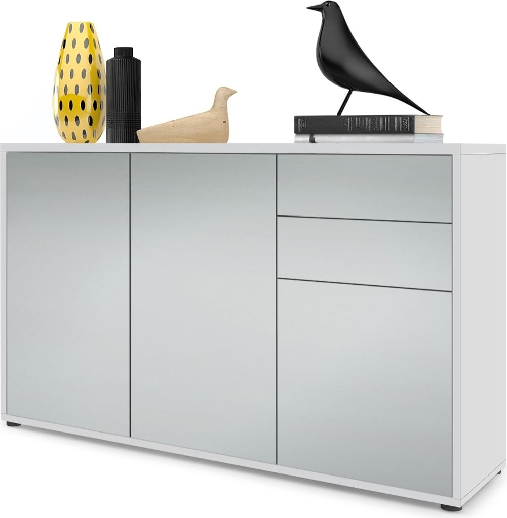 Vladon Sideboard Ben V3, Kommode mit 3 Türen und 2 Schubladen, Weiß matt/Hellgrau Seidenmatt (117 x 74 x 36 cm)