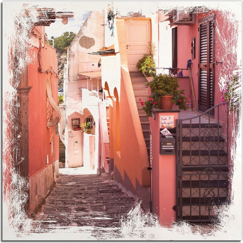 Kunstdrucke Wandbilder Holz in : Brillante Farben, Größe 50 x 50 cm Motiv Südländische Gasse- Italien bei Sonnenschein