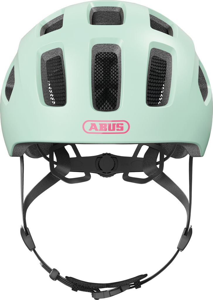 A front view of a mint green bicycle helmet with black straps.