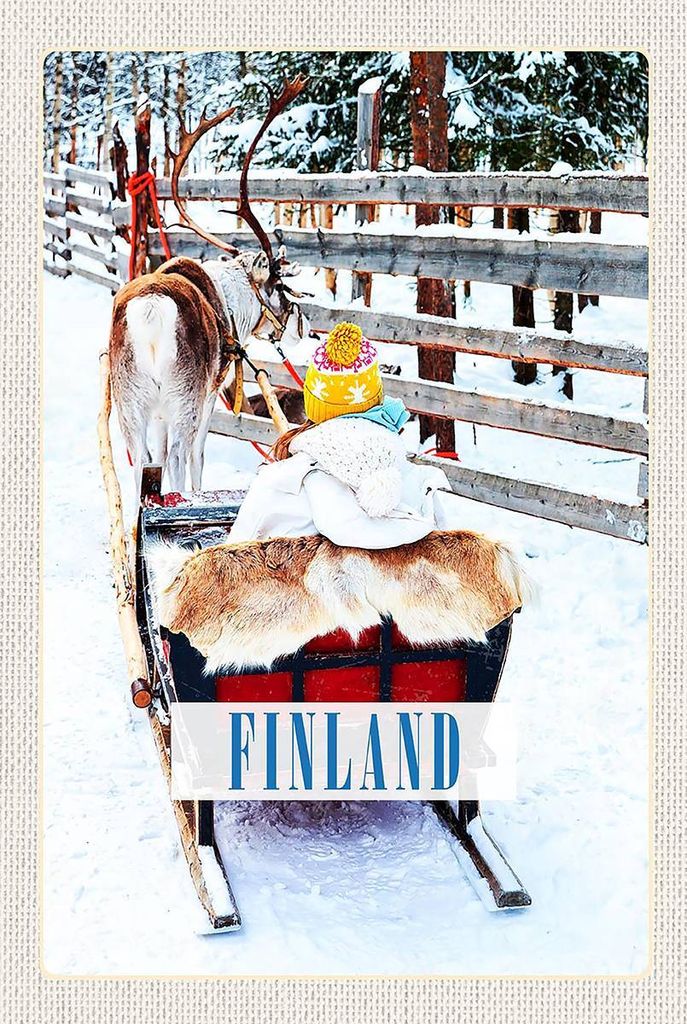 vianmo Holzschild 18x12 cm Finnland Schnee Kind Hirsch Schlitten Bildmotiv Reisemotiv Abenteuer Reisen