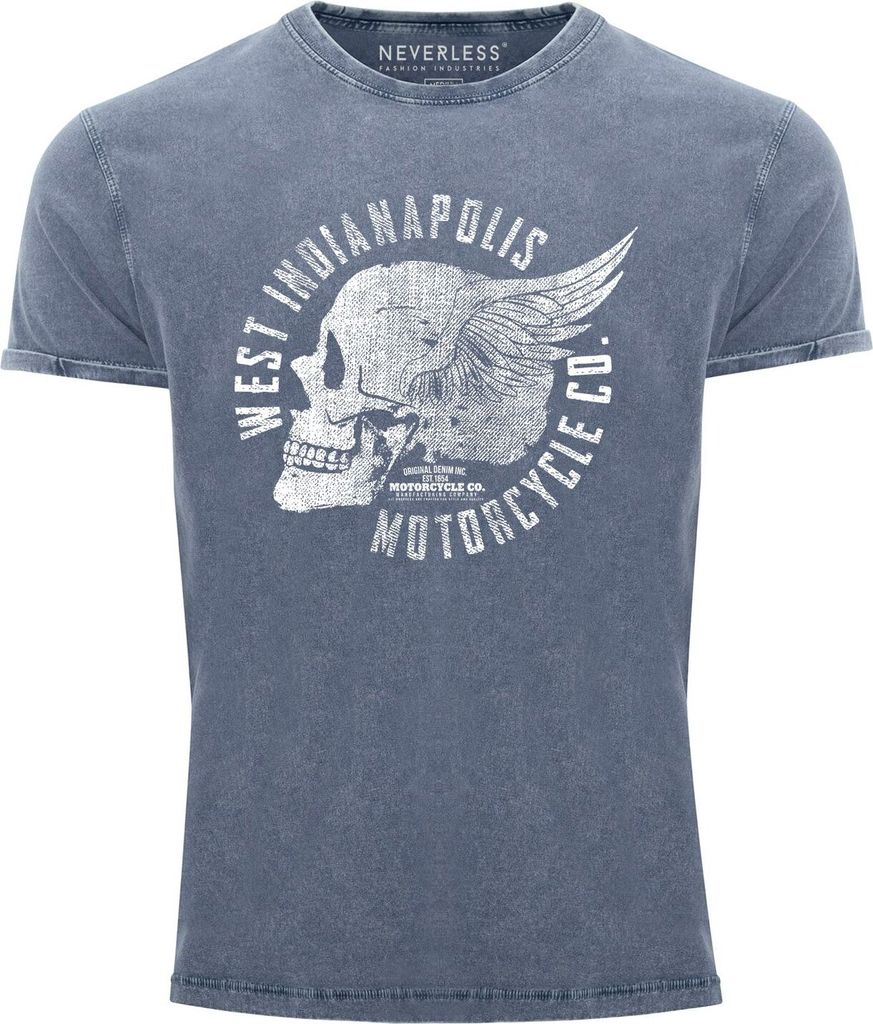 Cooles Angesagtes Herren T-Shirt Vintage Totenkopf Skull Wings Used Look Slim Fit Neverless blau 3XL