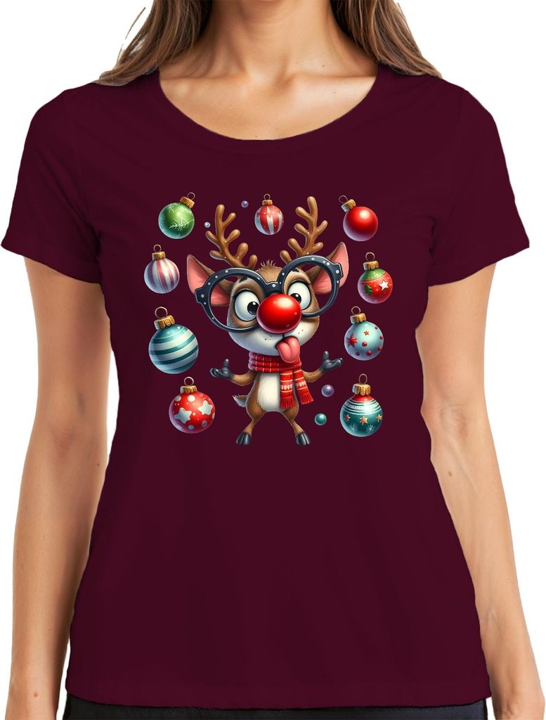 Rudolph Rentier mit Brille rote Nase Weihnachten süß Cartoon Damen T-Shirt, Burgundy, M